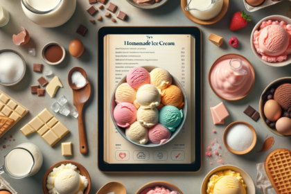 Flat lay of diverse ice cream flavors, ingredients, and a tablet showing a homemade ice cream recipe for tips maken ijs.