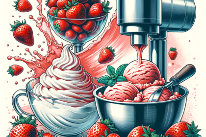 Illustration of fresh strawberries, whipped cream, and an ice cream maker making homemade strawberry ice cream.