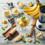 Ingrediënten en keukengerei voor bananen ijs maken, inclusief bananen, blender, en schaaltjes op houten tafel.