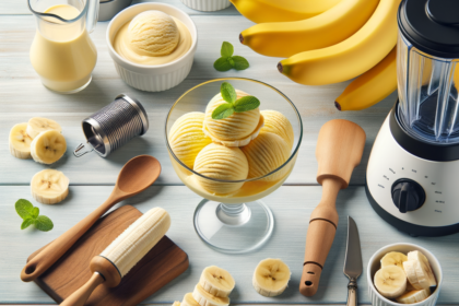 Ingrediënten en keukengerei voor bananen ijs maken, inclusief bananen, blender, en schaaltjes op houten tafel.
