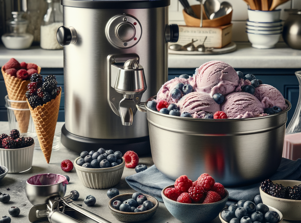 Close-up of fresh homemade berry ice cream in a scoop beside assorted berries on a modern kitchen counter.