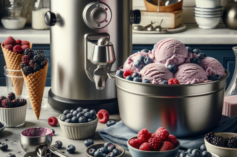 Close-up of fresh homemade berry ice cream in a scoop beside assorted berries on a modern kitchen counter.