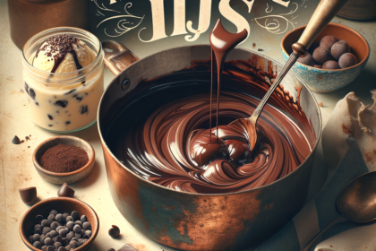 Bowl of creamy homemade chocolate ice cream with melted chocolate and ingredients on the table.