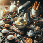 Vintage ijsmachine met ingrediënten en toppings om zelf ijs te maken, eenvoudig en heerlijk recept.