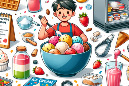 Child happily making ice cream with colorful ingredients and kitchen tools in a bright, playful kitchen setting.