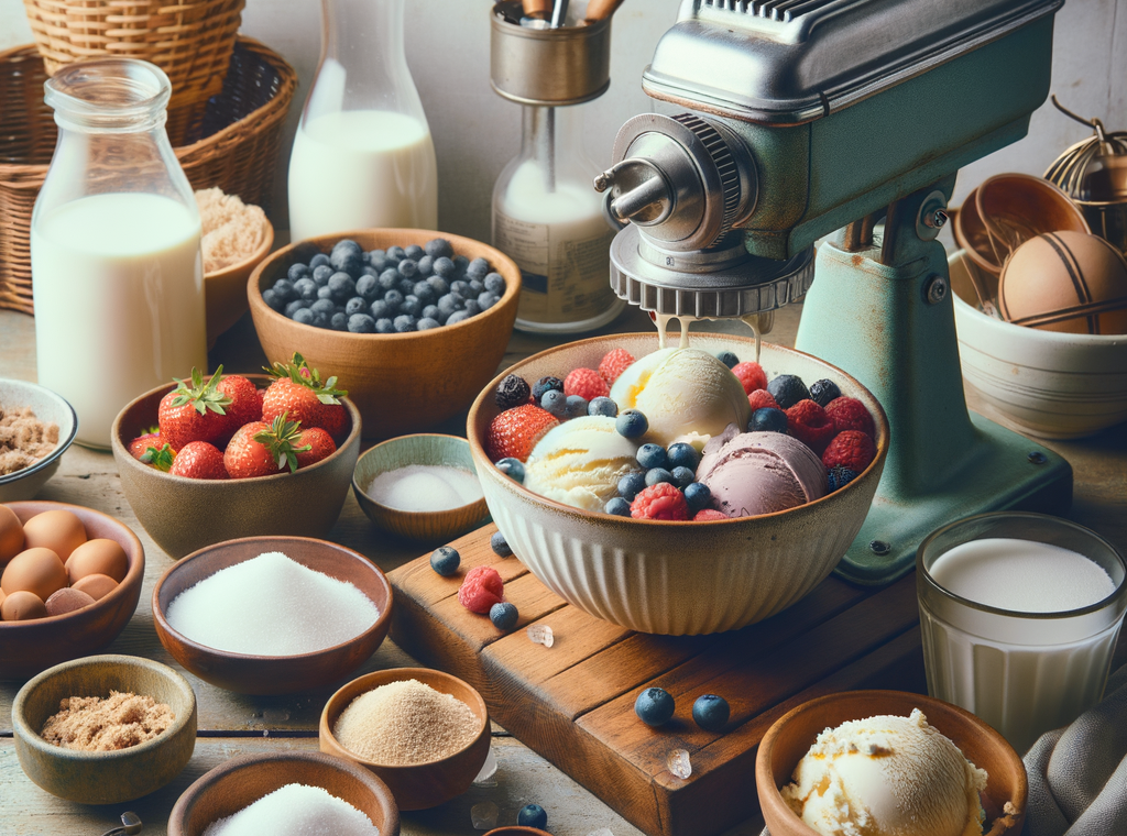 Vintage kitchen with ice cream maker, fresh berries, and ingredients for making homemade ijsje zelf maken.
