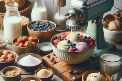 Vintage kitchen with ice cream maker, fresh berries, and ingredients for making homemade ijsje zelf maken.