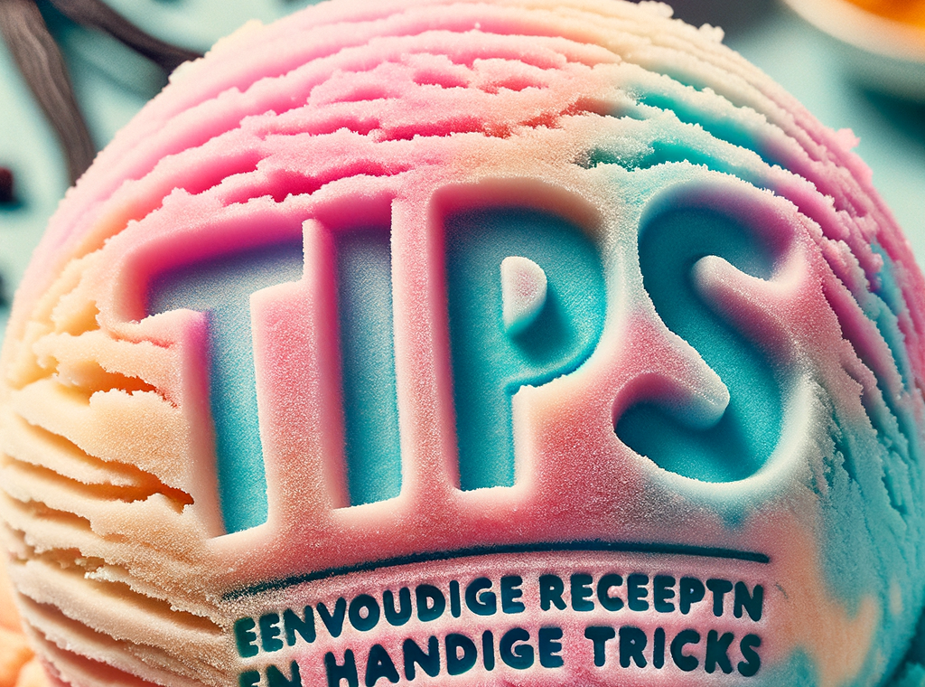 Close-up of colorful ice cream with "Tips: Eenvoudige Recepten en Handige Tricks" carved on top.