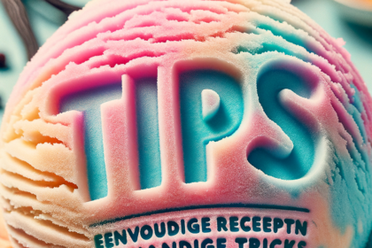 Close-up of colorful ice cream with "Tips: Eenvoudige Recepten en Handige Tricks" carved on top.