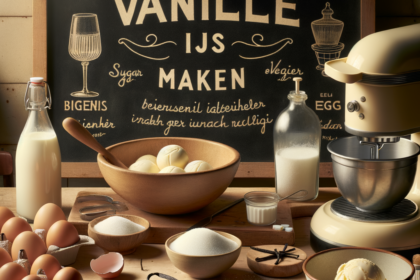 Vintage kitchen scene with ingredients and tools for making creamy homemade vanilla ice cream.